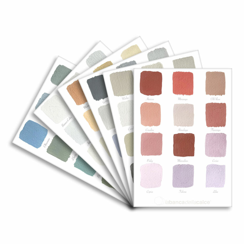 Palette Calcelatte - Prove di colore realizzate a mano, su cartoncino. 12 colori per palette per un totale di 72 varianti cromatiche